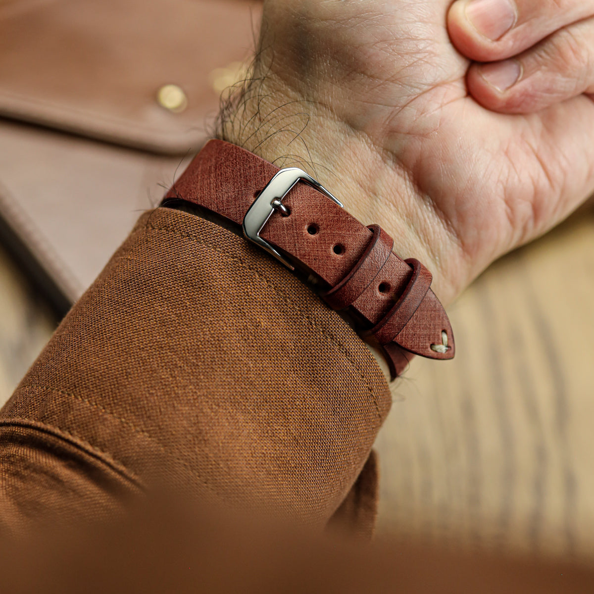 Cortez Vintage Stitching Genuine Leather Watch Strap - Mahogany