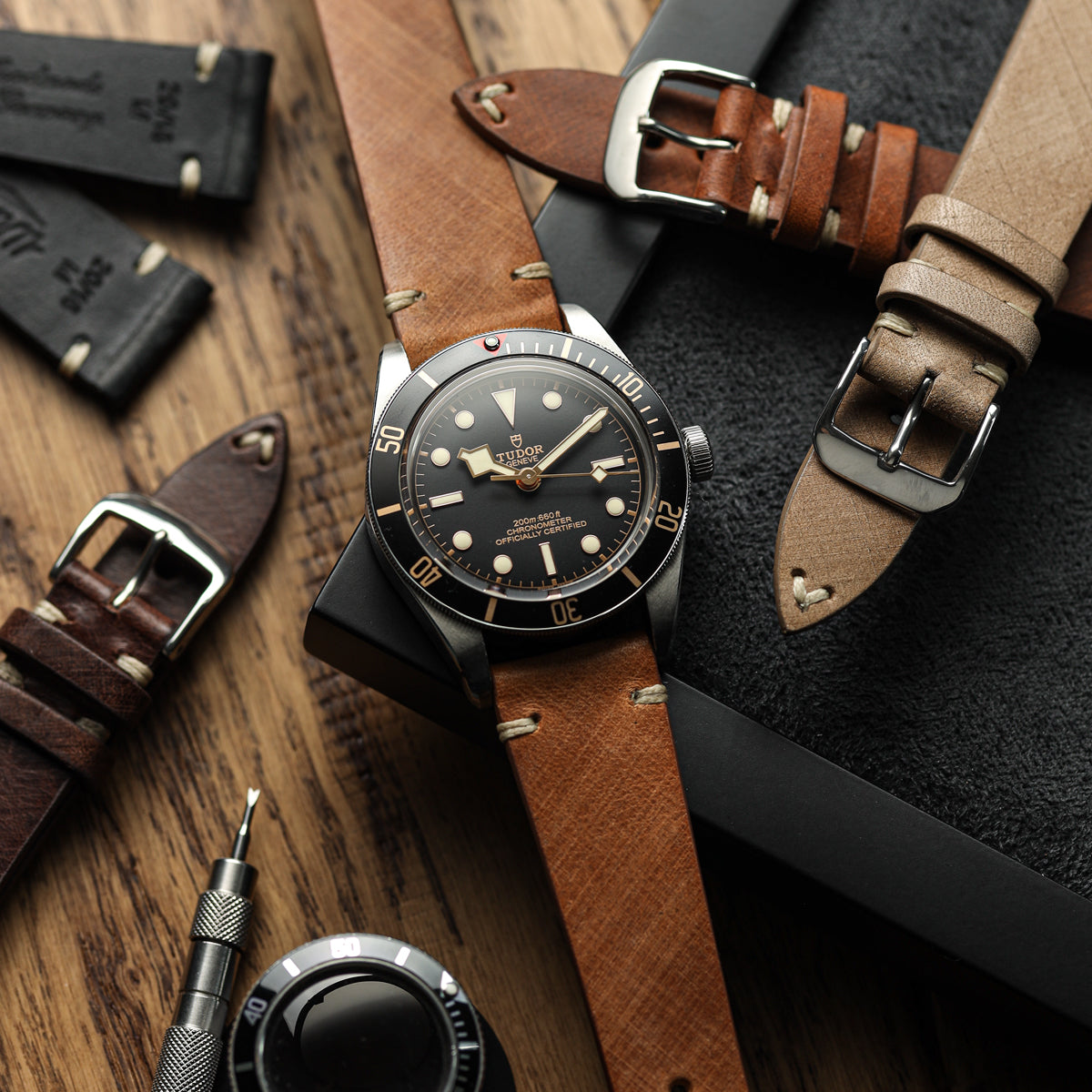 Cortez Vintage Stitching Genuine Leather Watch Strap - Mocha