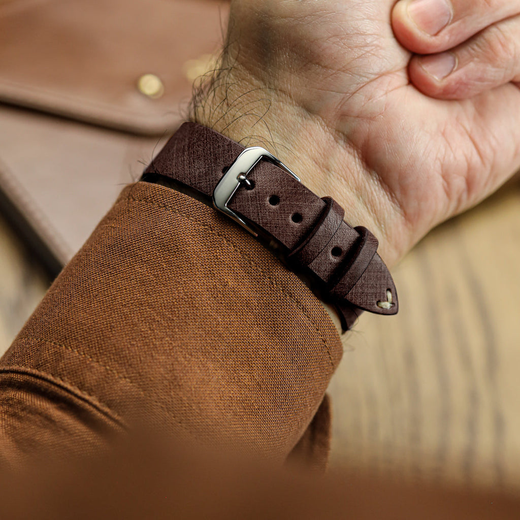 Cortez Vintage Stitching Genuine Leather Watch Strap - Mocha