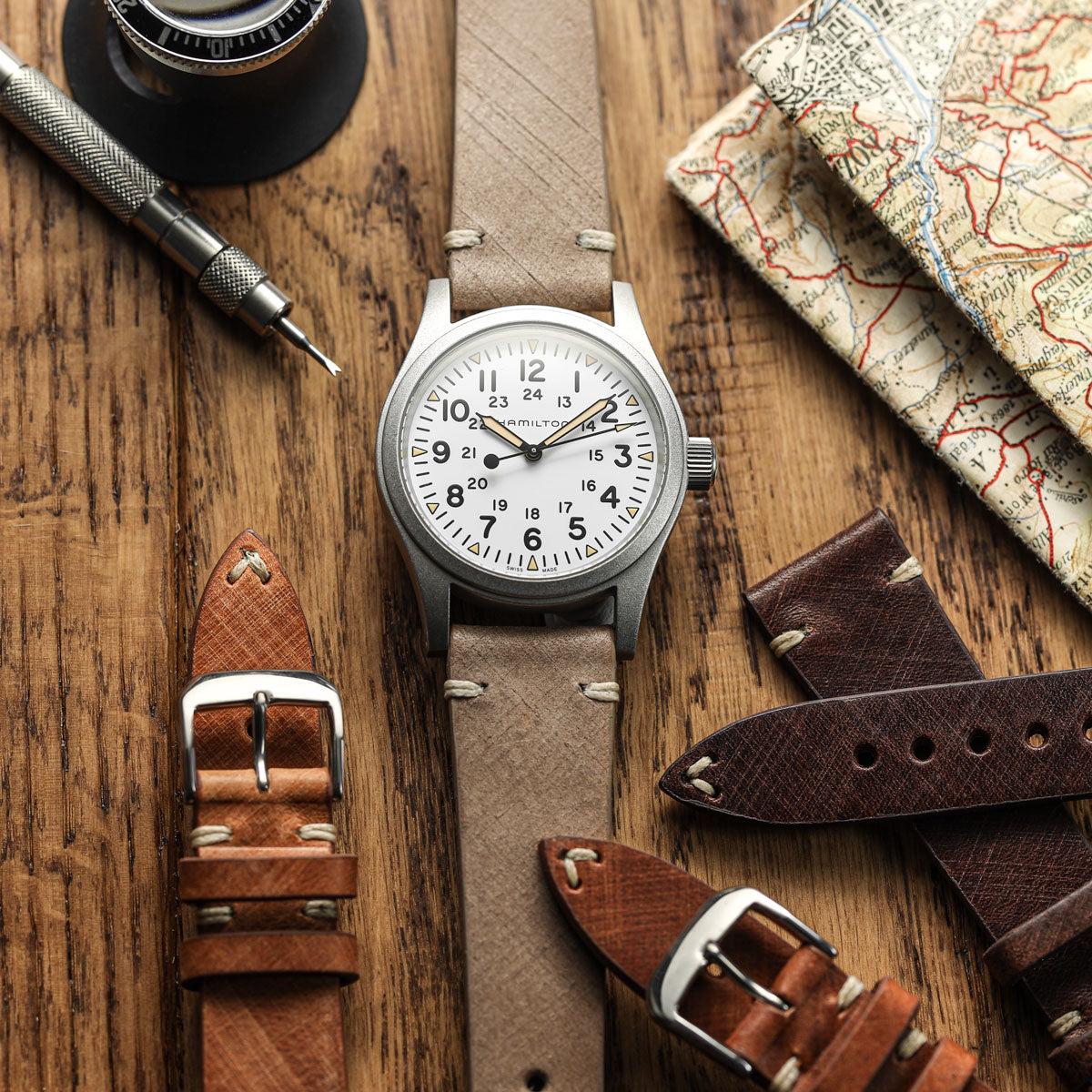 Cortez Vintage Stitching Genuine Leather Watch Strap - Beige