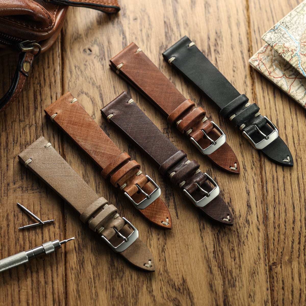 Cortez Vintage Stitching Genuine Leather Watch Strap - Black