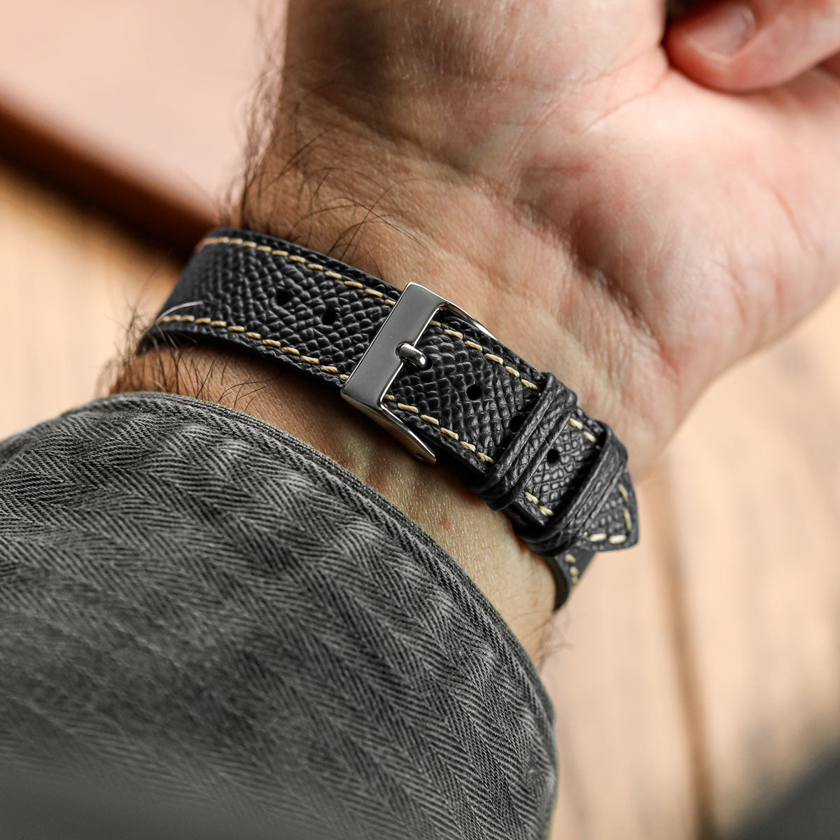 Luxury Hand-Stitched Epsom Italian Leather Watch Strap in Elegant Alpine Black