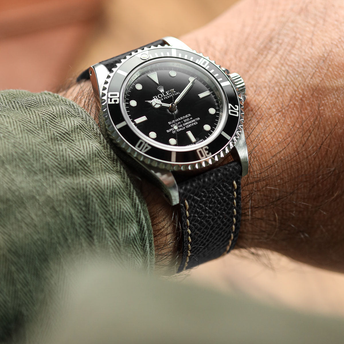 Luxury Hand-Stitched Epsom Italian Leather Watch Strap in Elegant Alpine Black