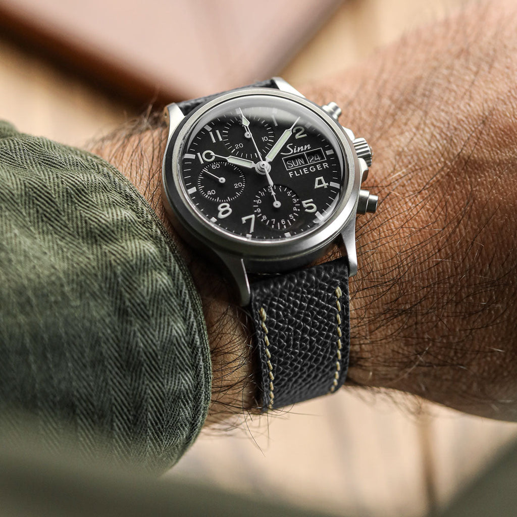 Luxury Hand-Stitched Epsom Italian Leather Watch Strap in Elegant Alpine Black
