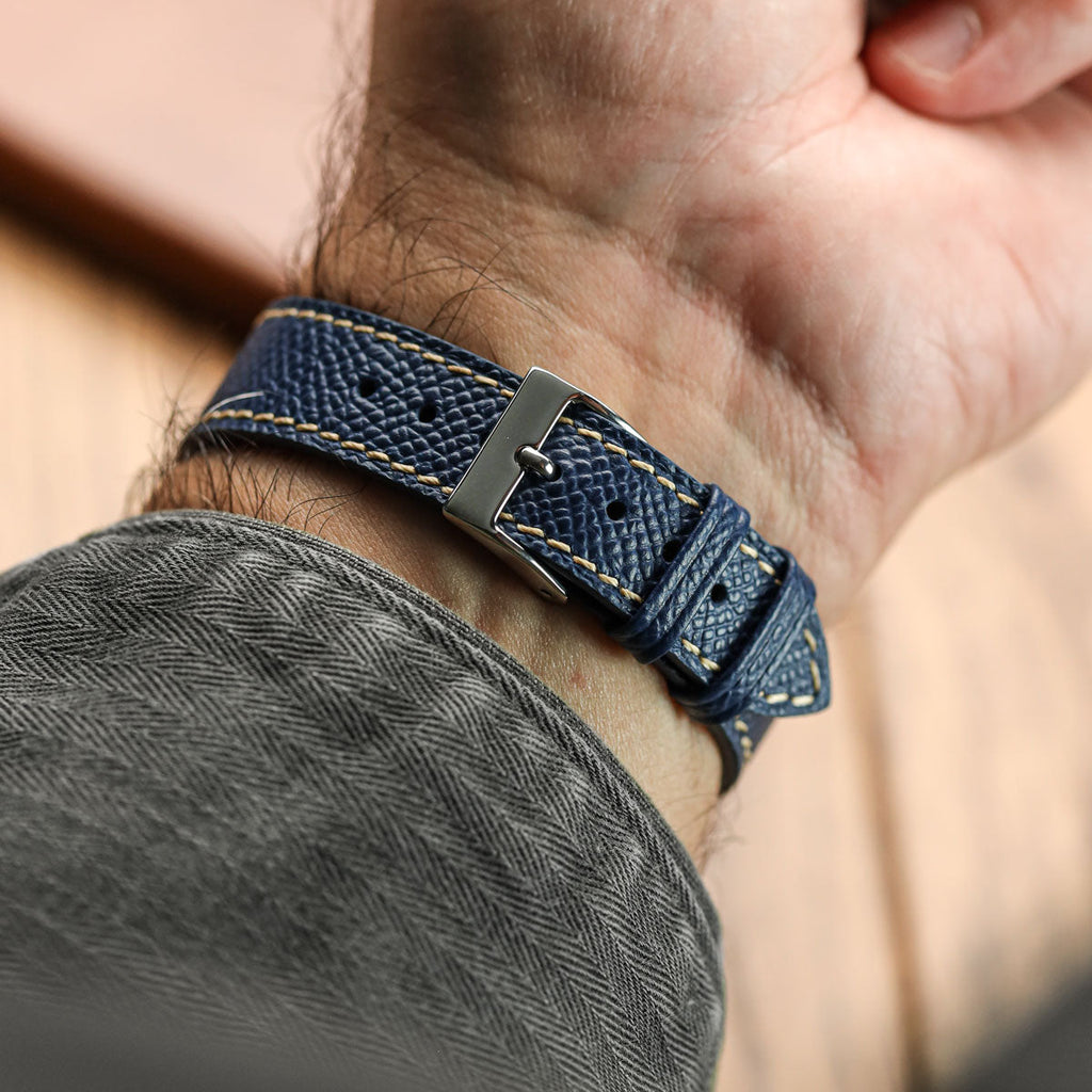 Cinturino per orologio in vera pelle italiana Epsom cucito a mano - Blu alpino