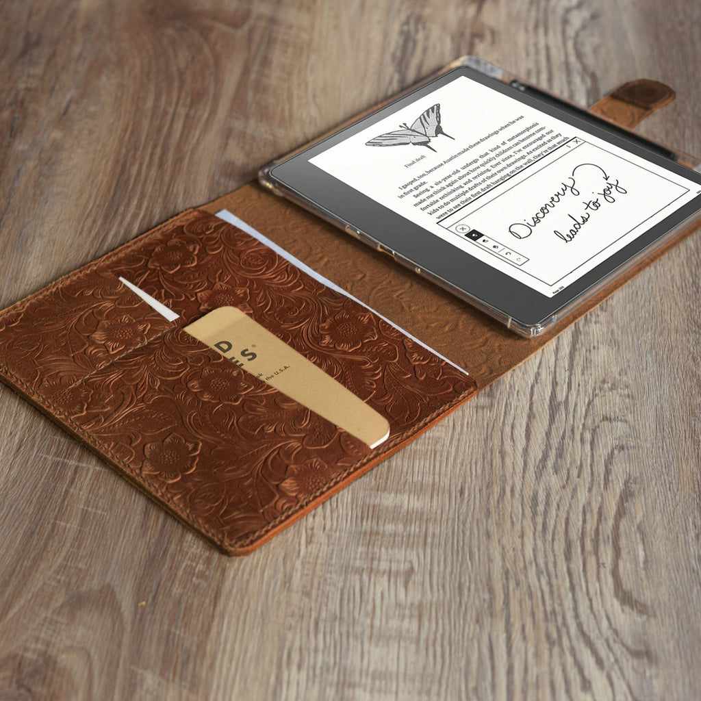 Étui en cuir personnalisé pour Kindle Scribe - Cuir gravé de style artisanal - Modèle 606-SC
