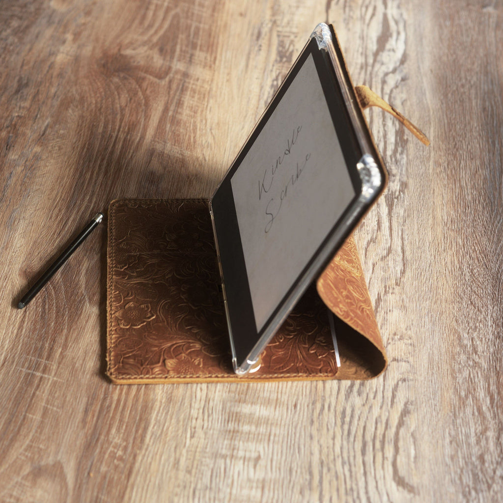 Étui en cuir personnalisé pour Kindle Scribe - Cuir gravé de style artisanal - Modèle 606-SC