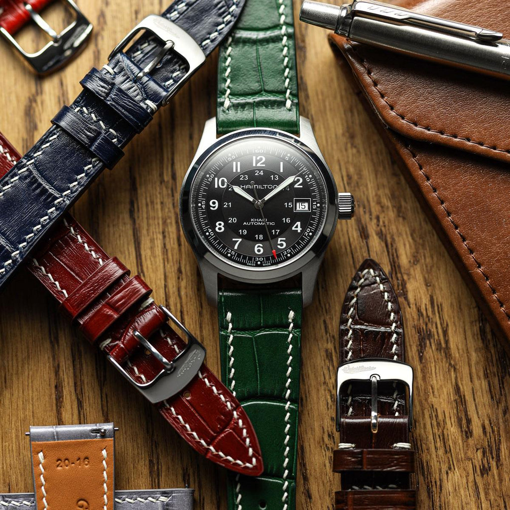 Armen Calf Leather Uhrenarmband mit Krokodilprägung in Dunkelgrün – Handgenäht