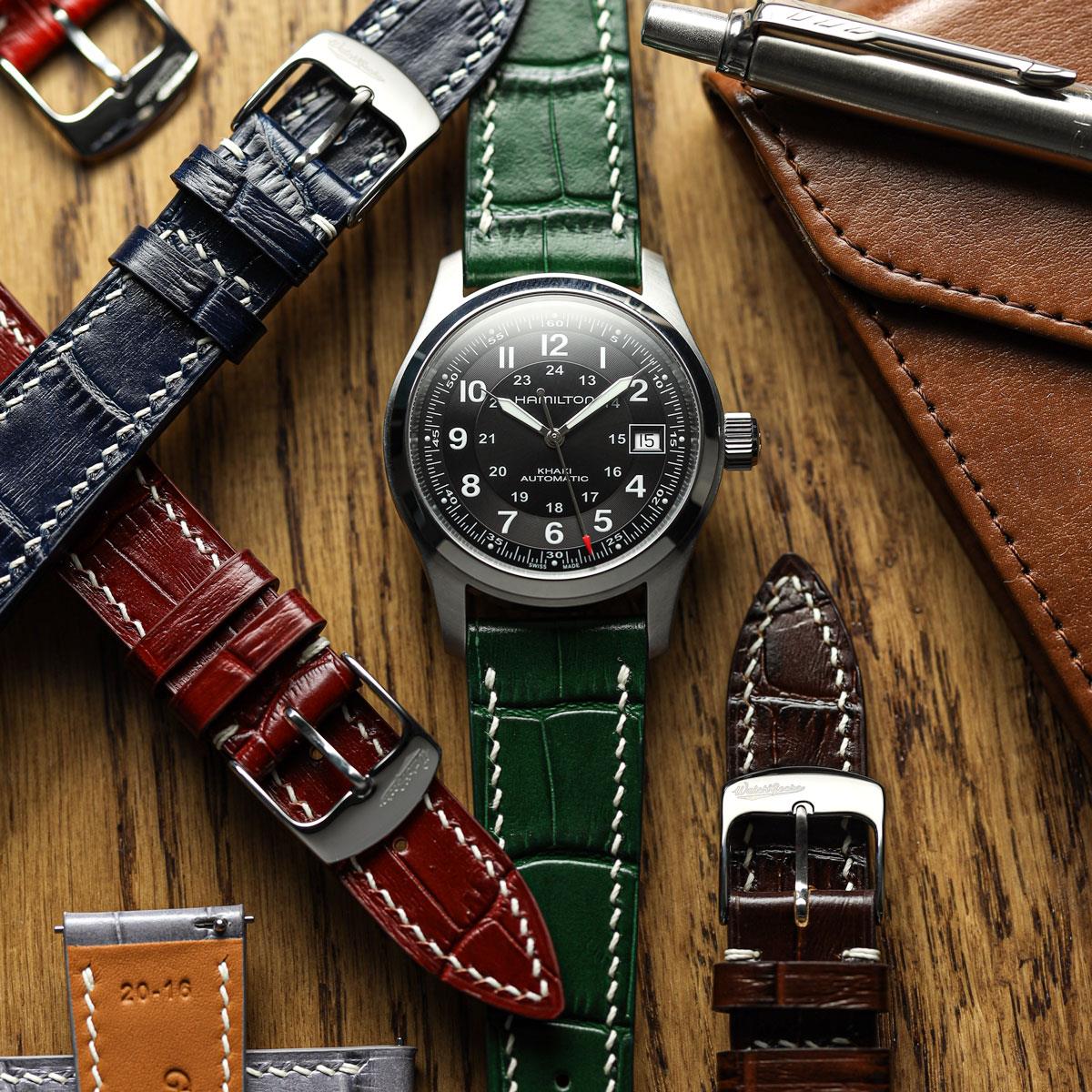 Armen Calf Leather Uhrenarmband mit Krokodilprägung in Dunkelgrün – Handgenäht