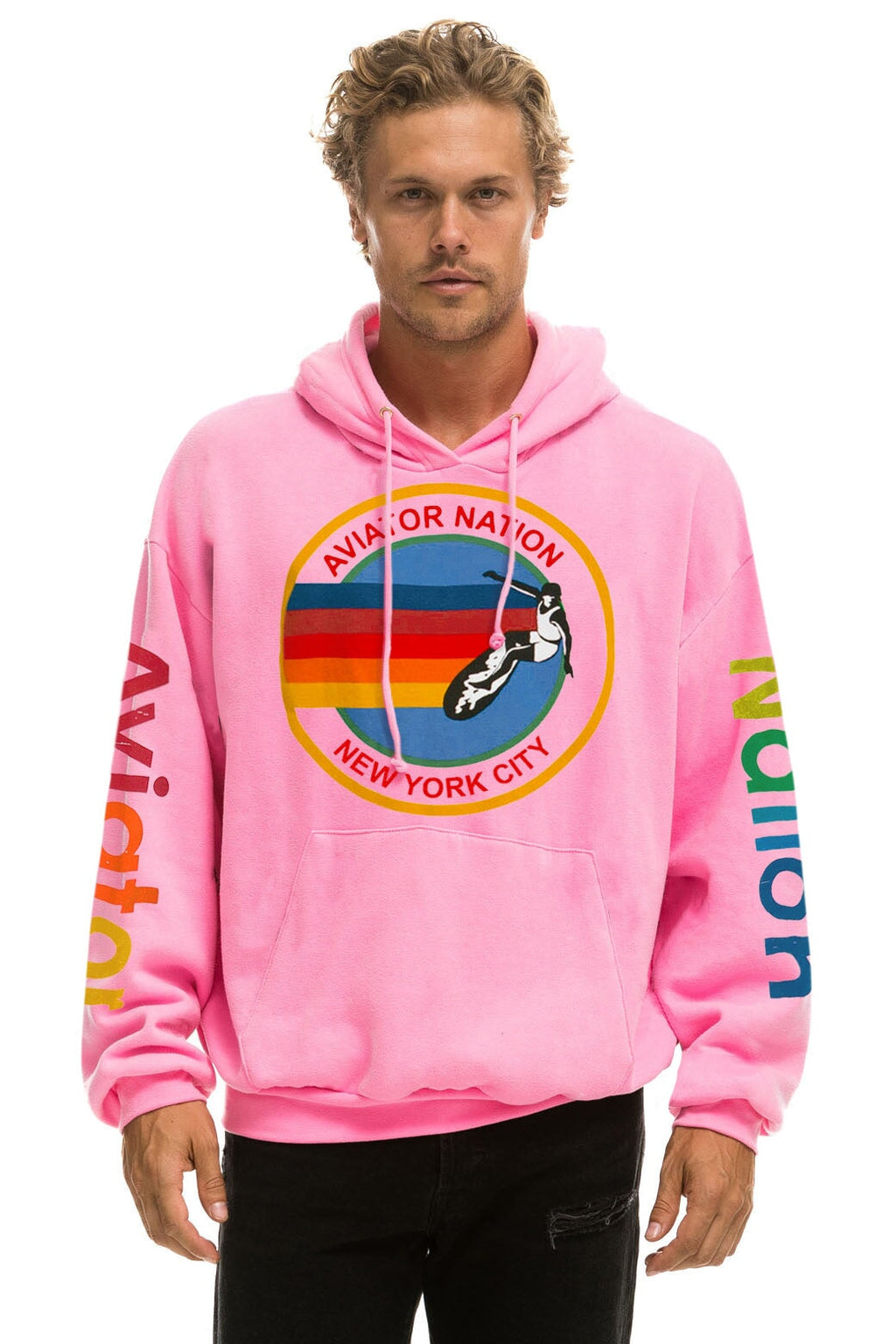 AVIATOR NATION NEW YORK CITY RELAXED PULLOVER HOODIE - NEON PINK