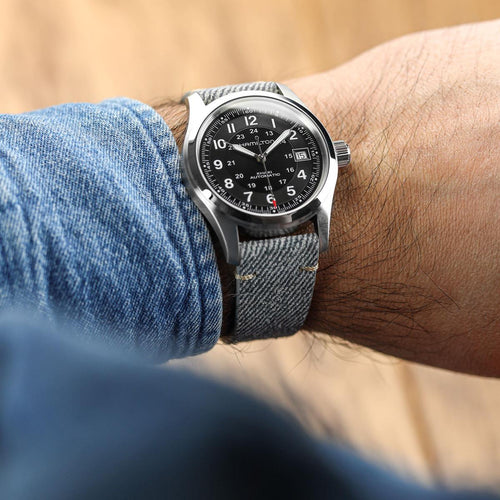 Bracelet de montre en cuir véritable avec design en denim V-Stitch - Gris élég Antenez