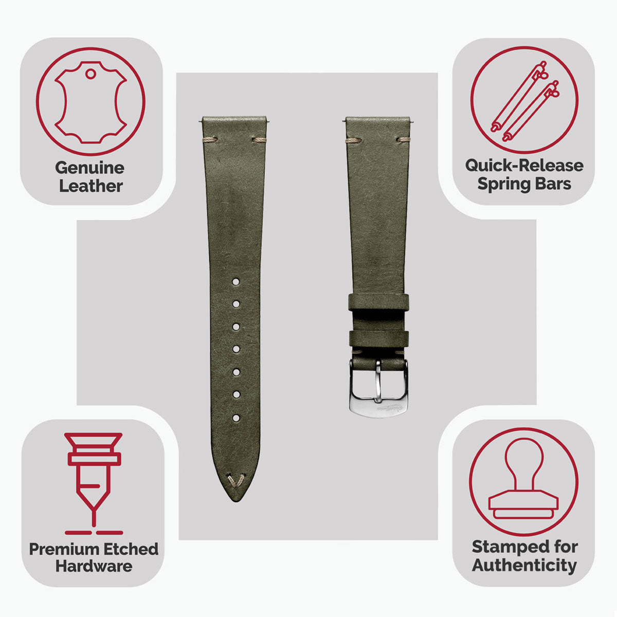 Badalassi Carlo Pueblo V-Stitch Genuine Italian Leather Watch Strap - Ash Green