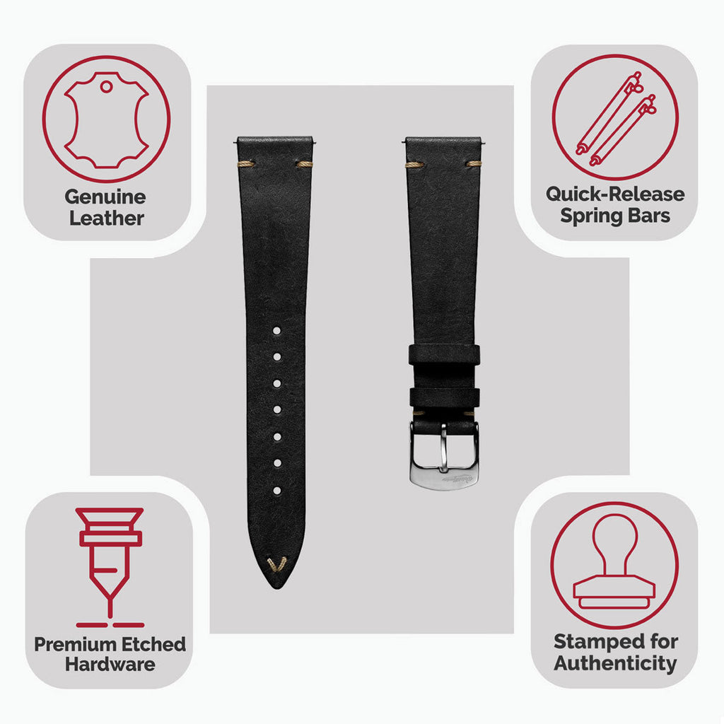 Badalassi Carlo Pueblo V-Stitch Genuine Italian Leather Watch Strap - Black