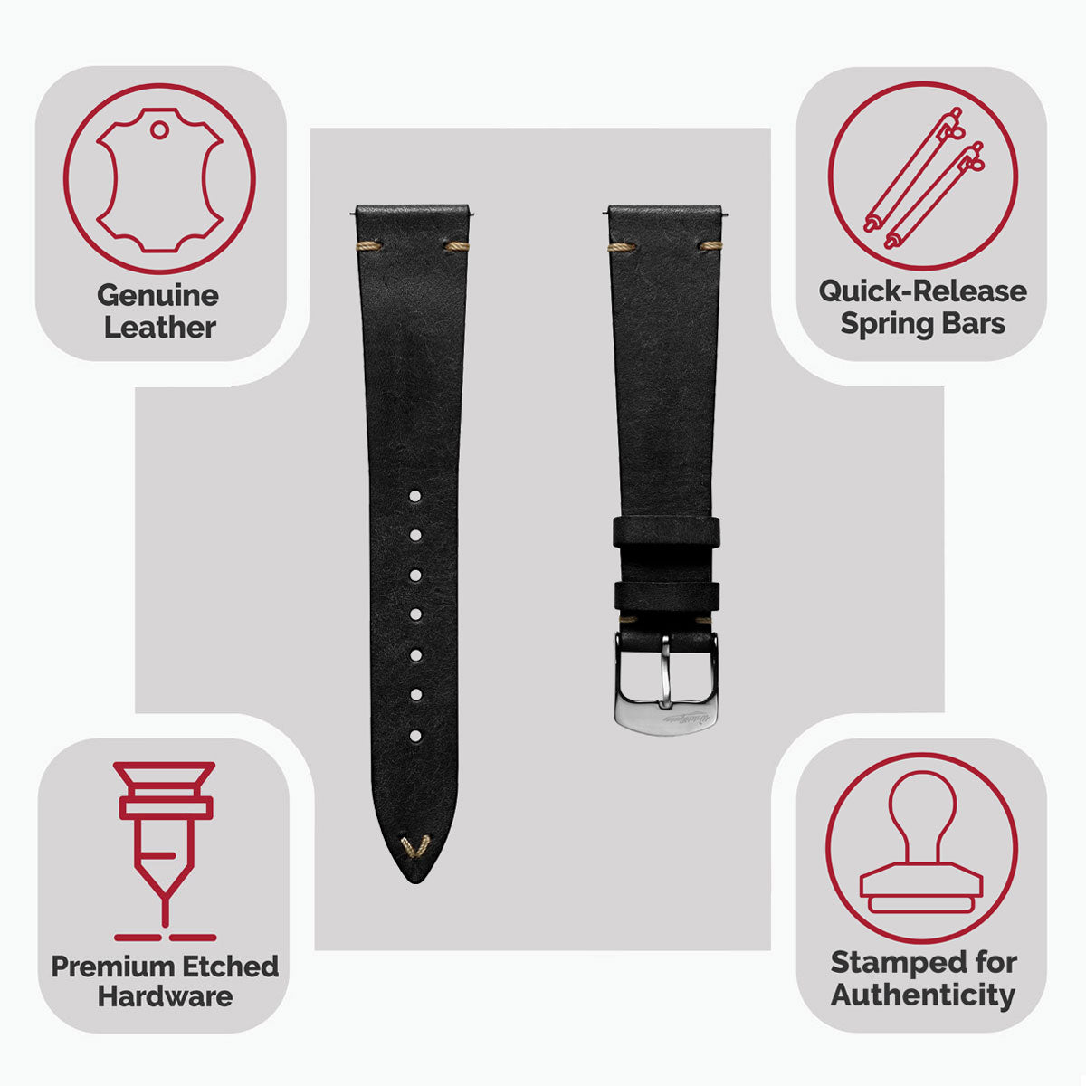 Badalassi Carlo Pueblo V-Stitch Genuine Italian Leather Watch Strap - Black