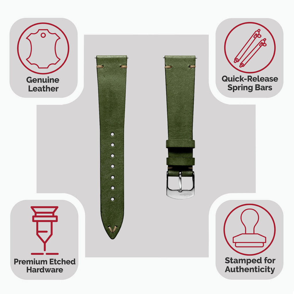 Badalassi Carlo Pueblo V-Stitch Genuine Italian Leather Watch Strap - Earth Green