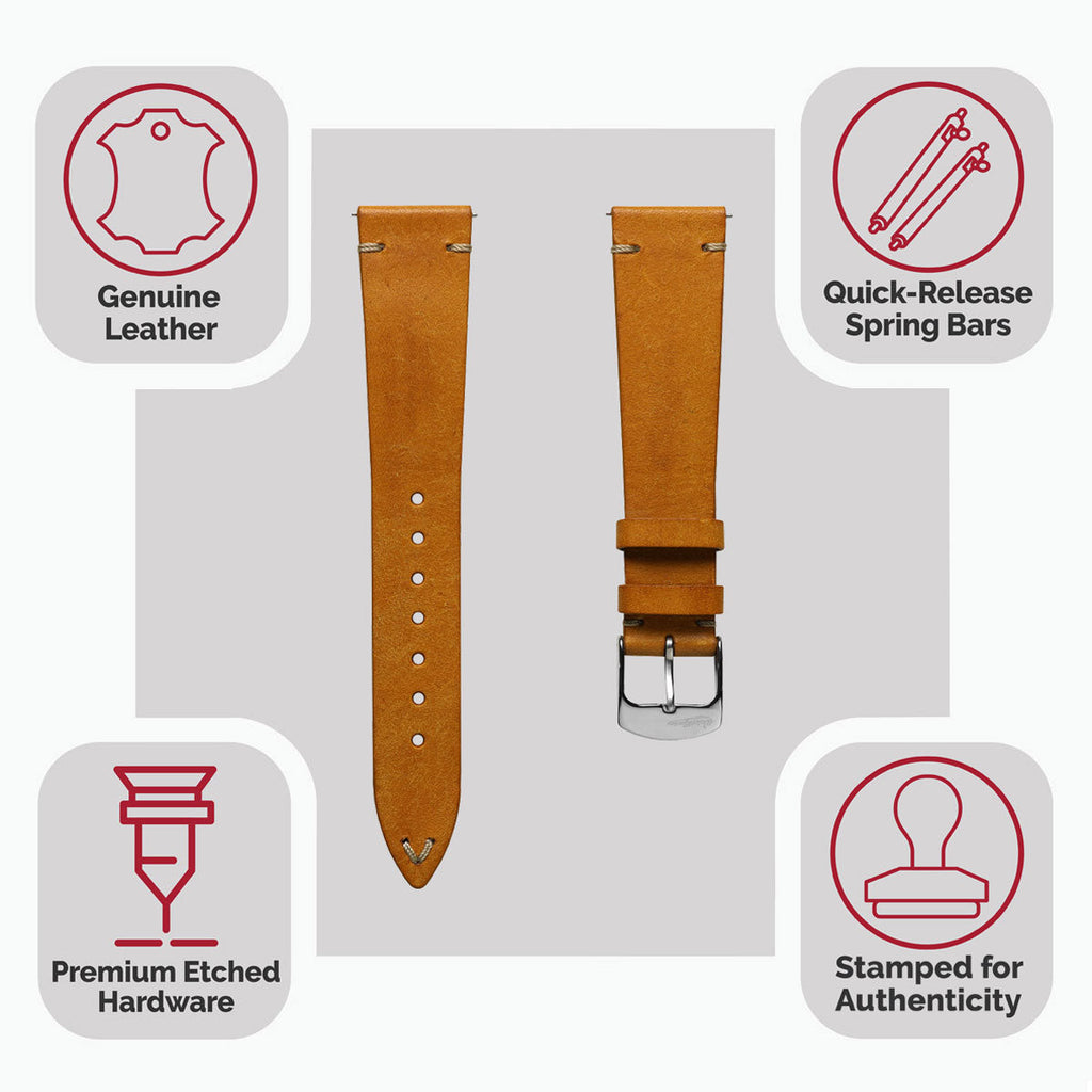 Badalassi Carlo Pueblo V-Stitch Genuine Italian Leather Watch Strap - Vintage Gold