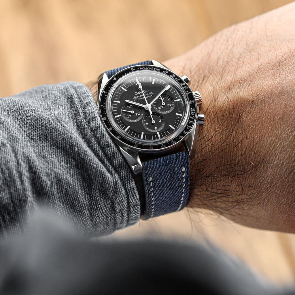 Arbour Hand-Stitched Denim and Genuine Leather Watch Strap - Elegant Navy Blue Style