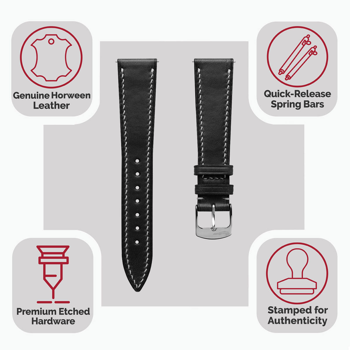 Genuine Horween Chromexcel® Hand-Stitched Watch Strap - Black