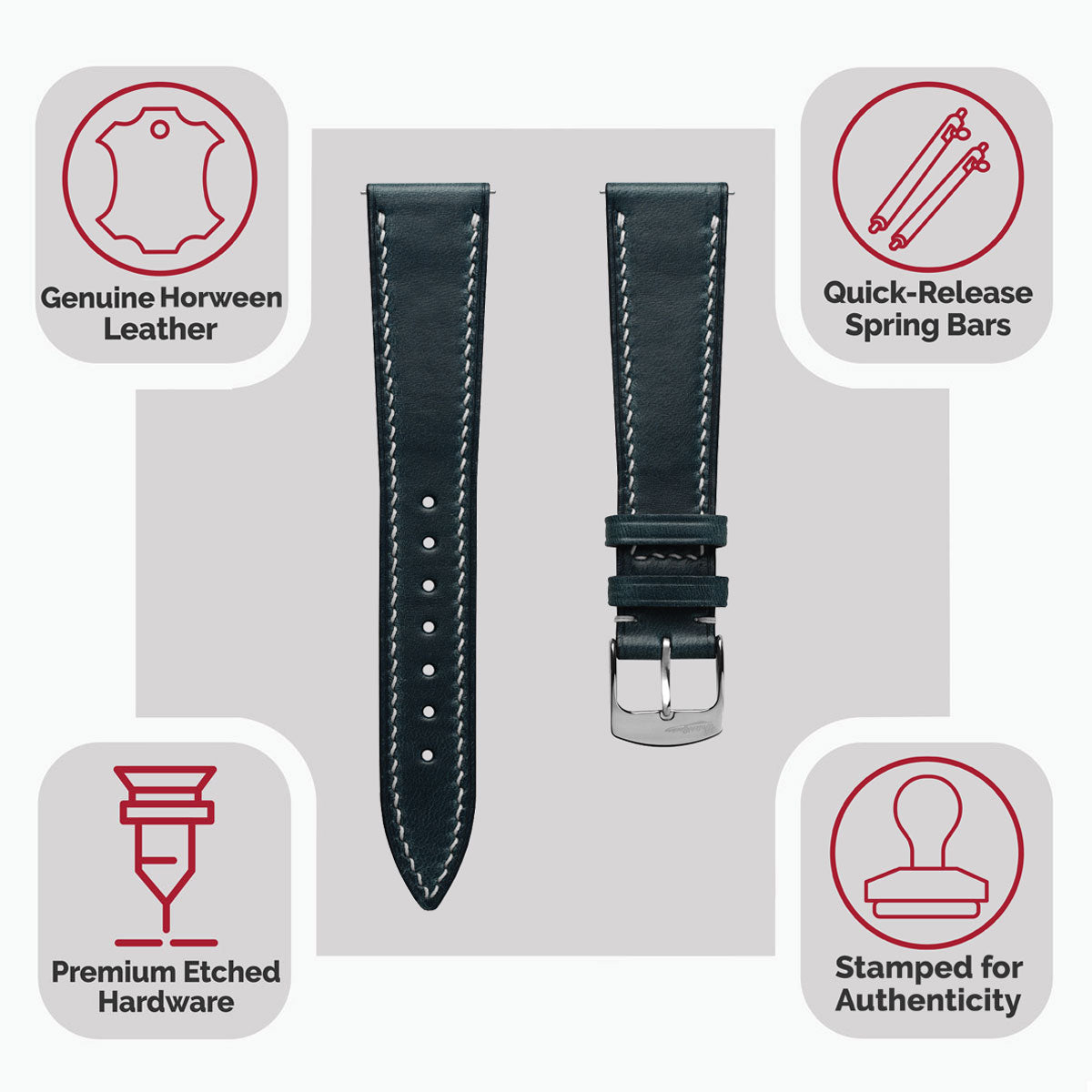 Genuine Horween Chromexcel® Hand-Stitched Watch Strap - Navy