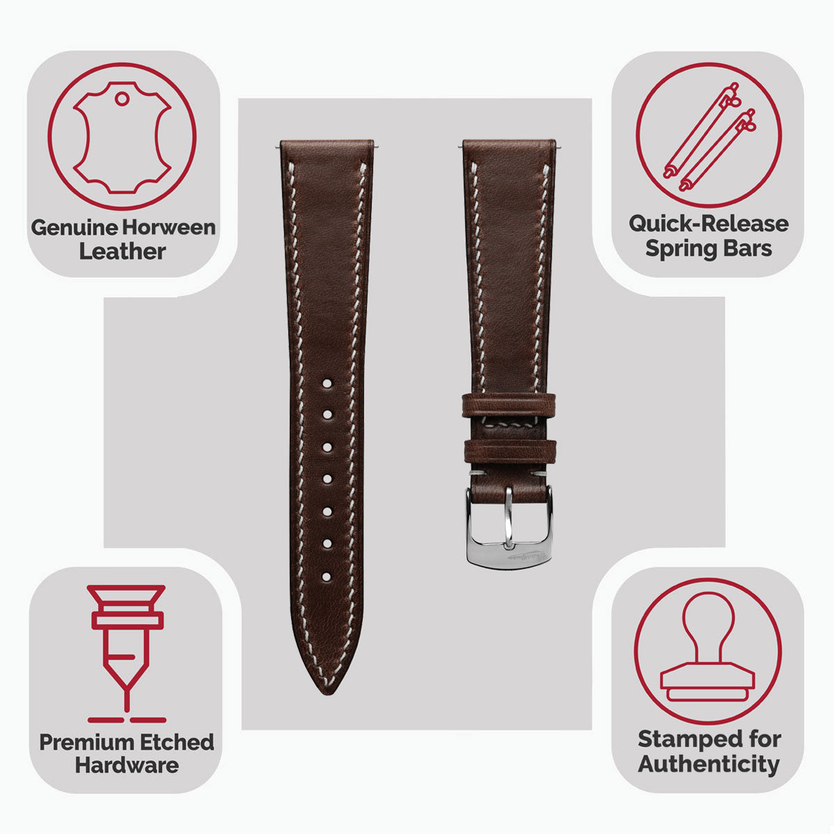 Genuine Horween Chromexcel® Hand-Stitched Watch Strap - Dark Brown