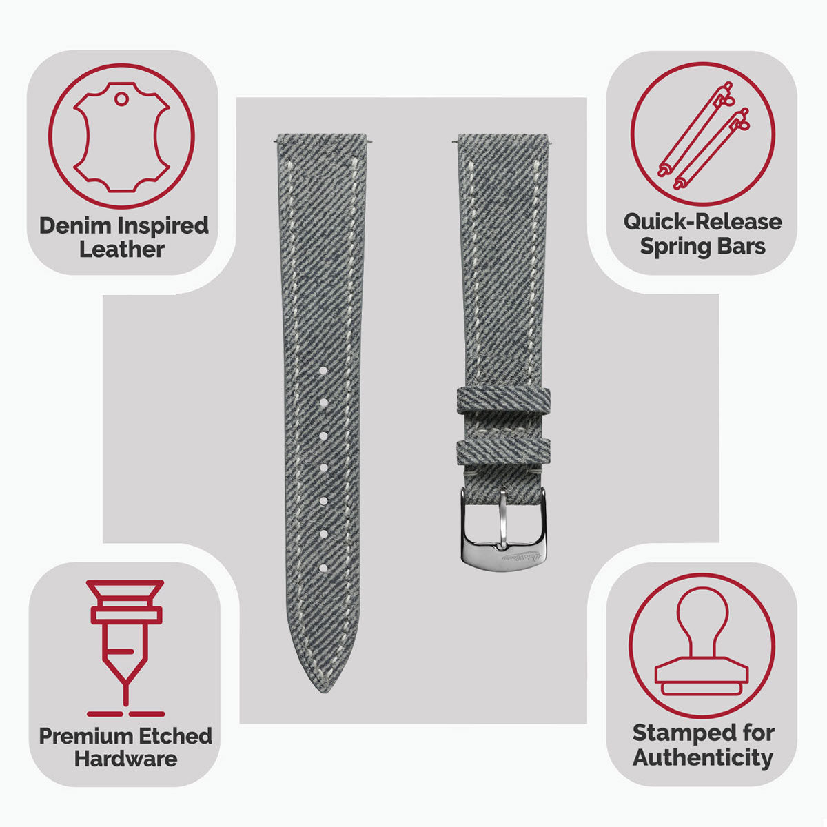 Arbour Hand-Stitched Denim & Genuine Leather Watch Strap – Elegant Grey Design