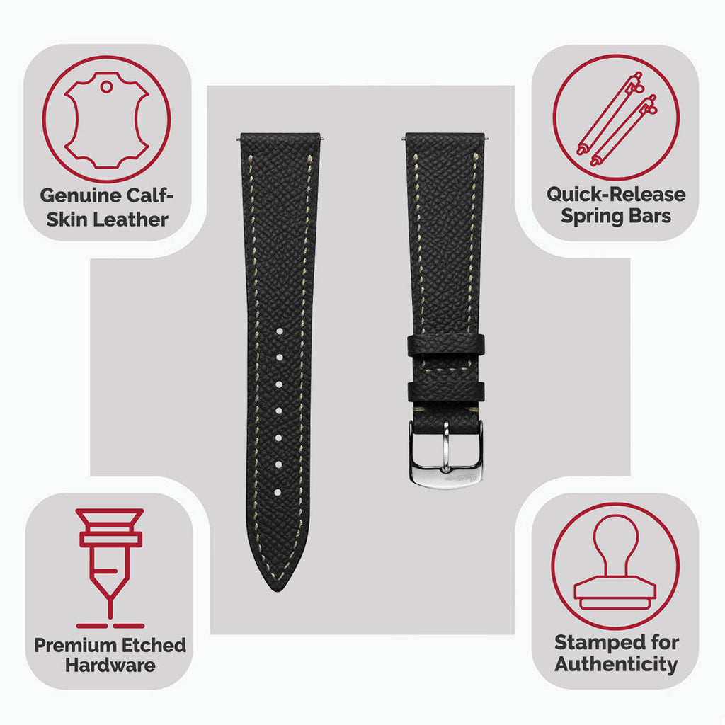 Hanley Textured Epsom Hand-Stitched Leather Watch Strap - Black