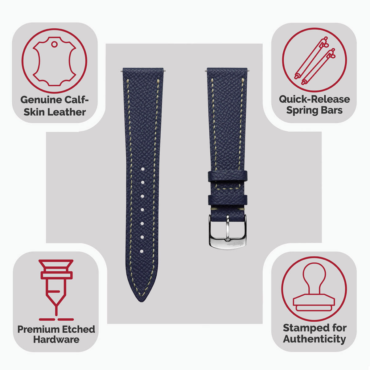 Hanley Textured Epsom Hand-Stitched Leather Watch Strap - Dark Blue