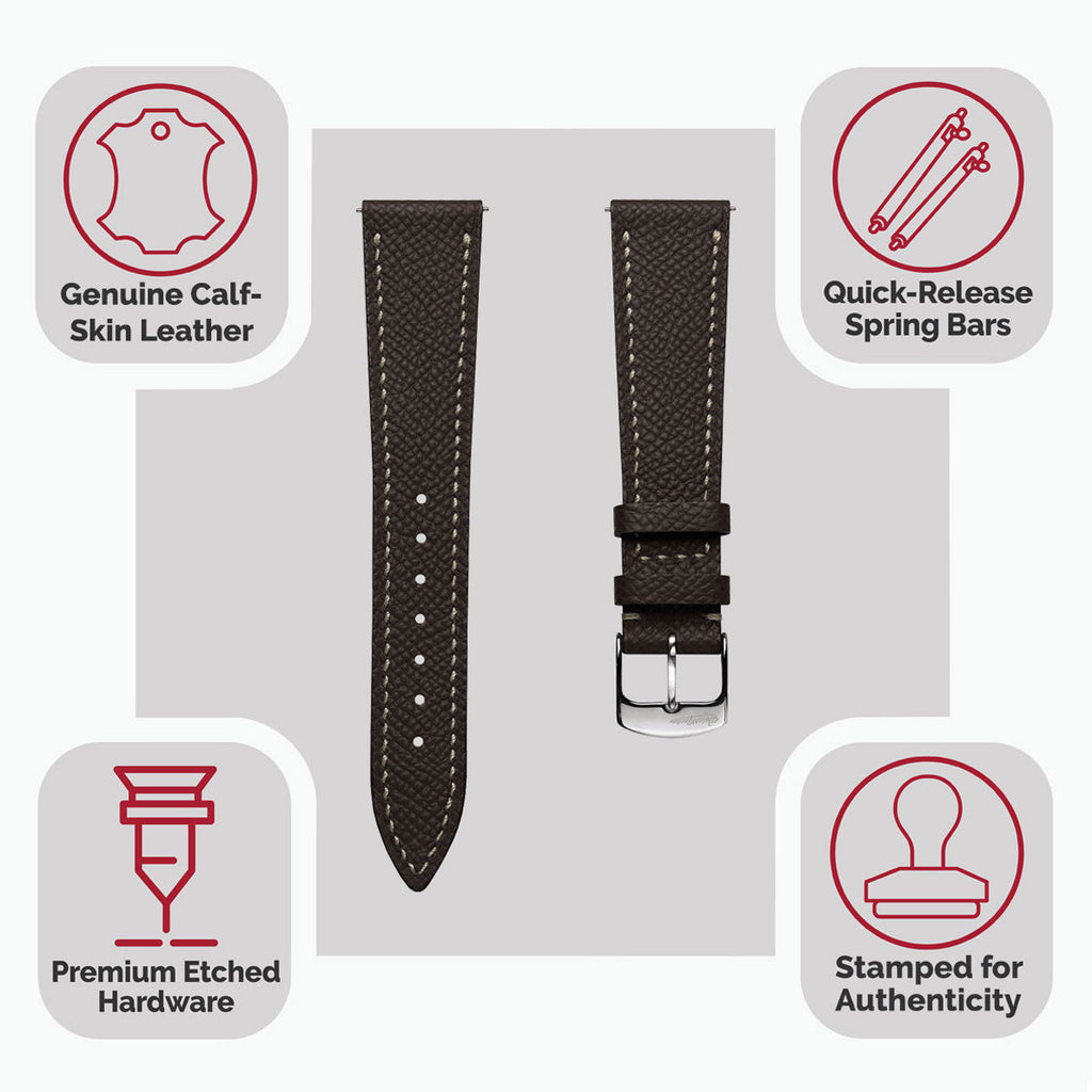 Hanley Textured Epsom Hand-Stitched Leather Watch Strap - Dark Brown