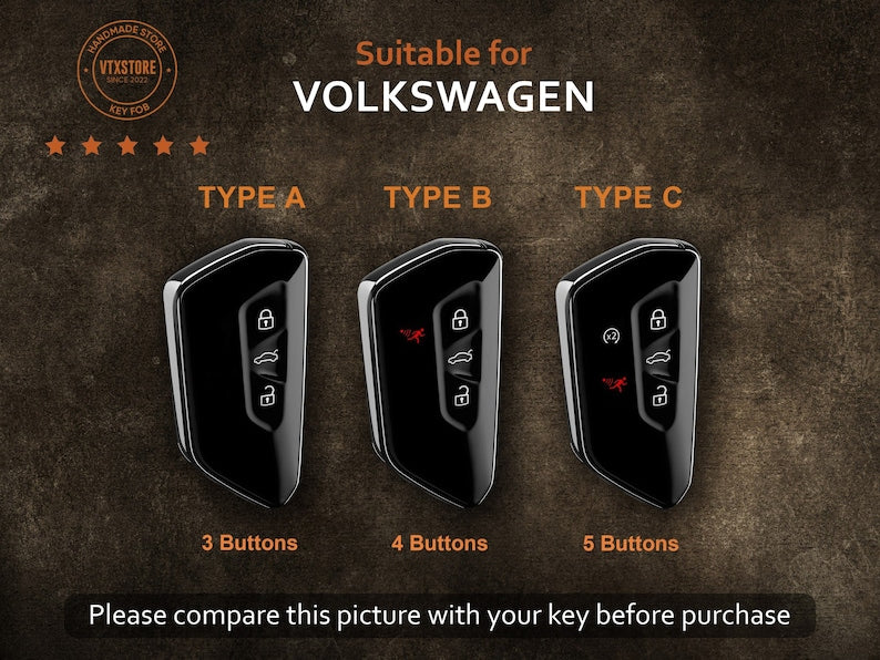 Volkswagen Atlas Key Fob Cover, Handcrafted Leather Key Case For VW Arteon, Atlas, Jetta GLI, Tiguan, VW 5-Button Fob, Birthday Gift For Him