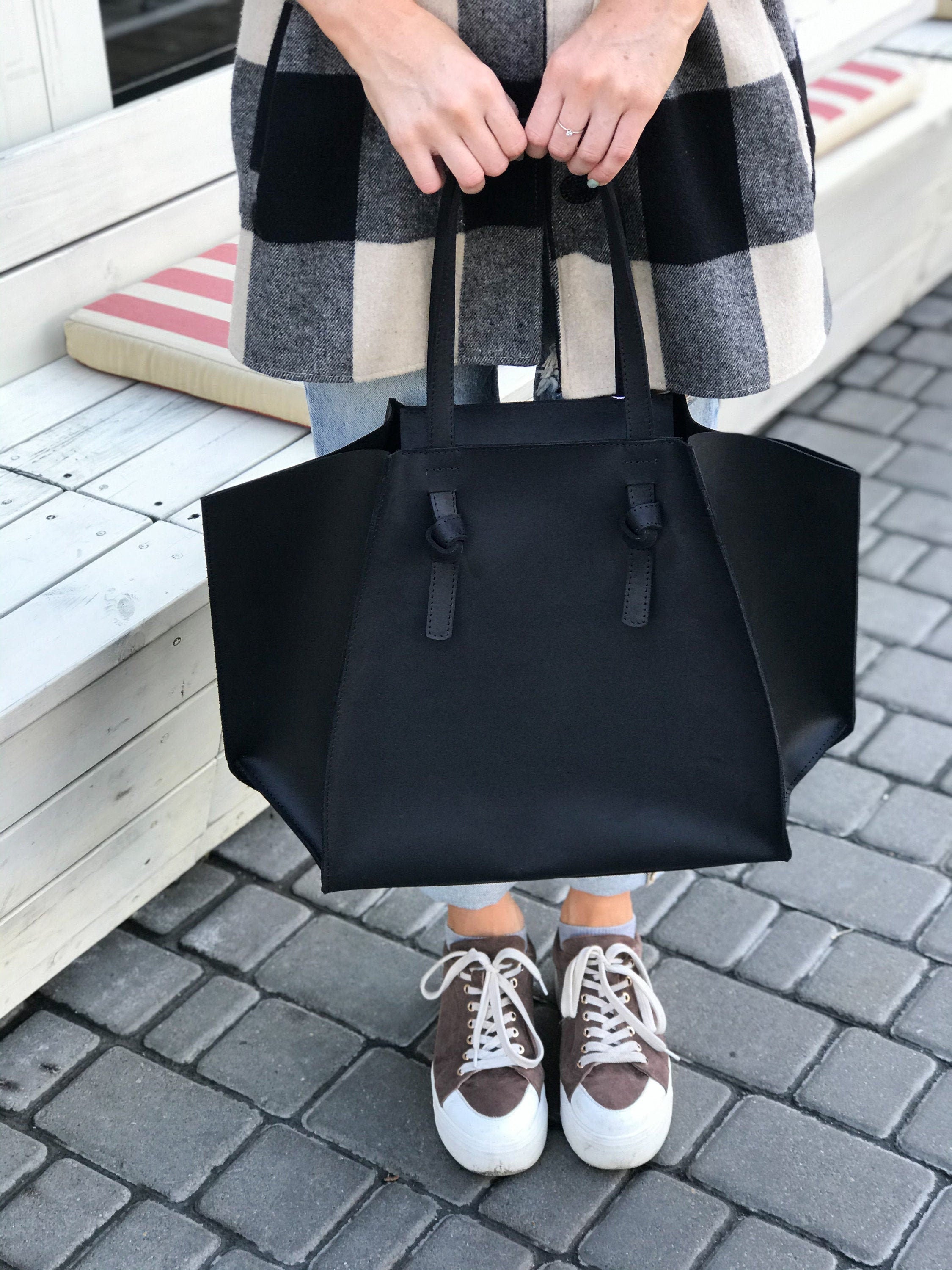Black Leather Tote Bag: Distressed Calf, Large Work Bag