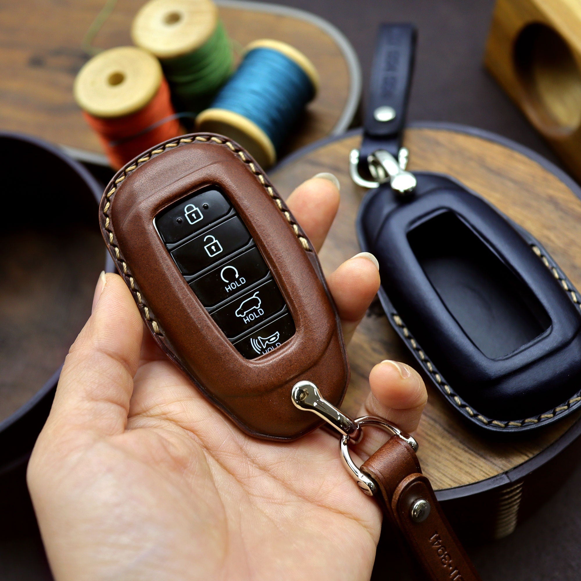 Leather Car Key Fob Cover: Hyundai Palisade, Santa Fe, Avante