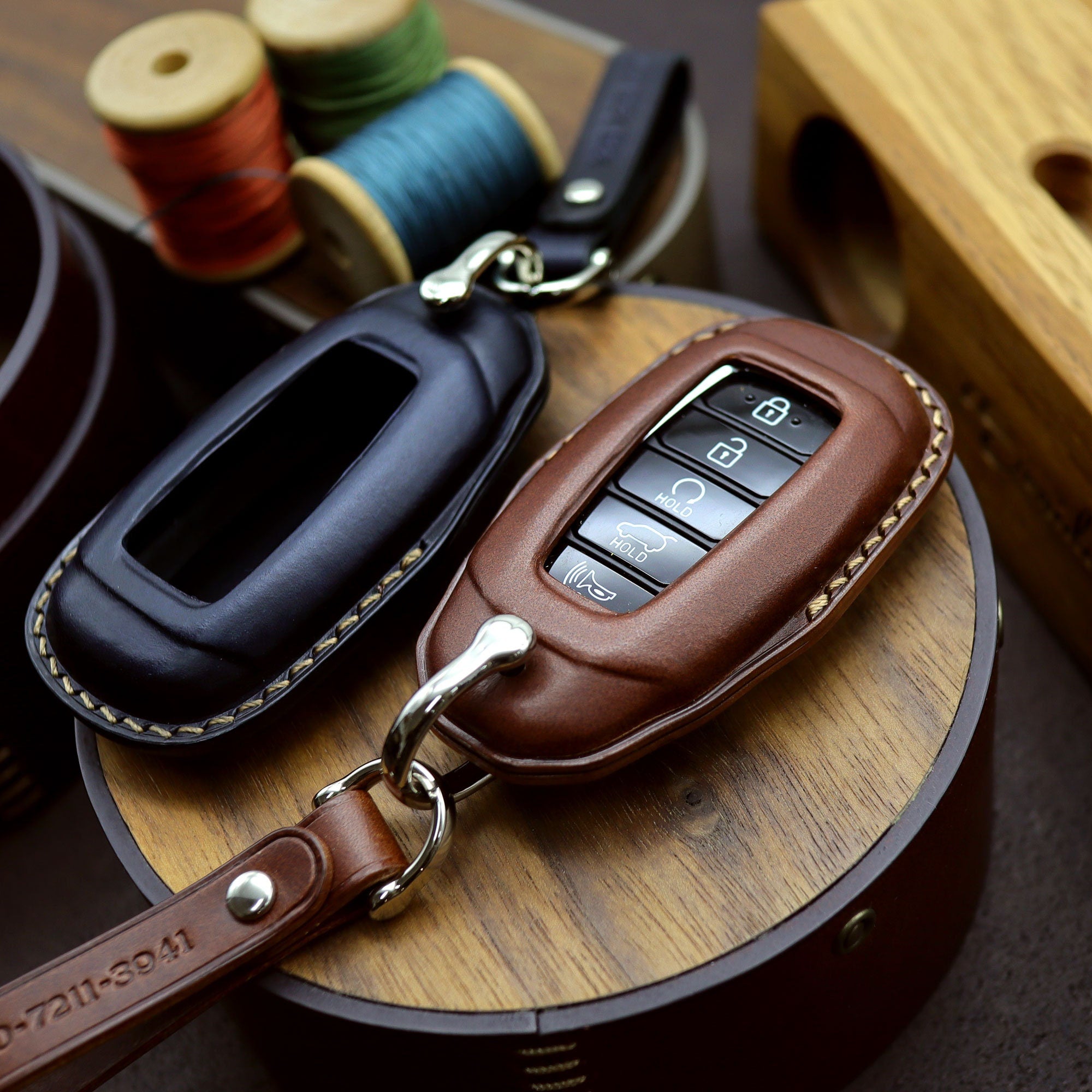 Leather Car Key Fob Cover: Hyundai Palisade, Santa Fe, Avante