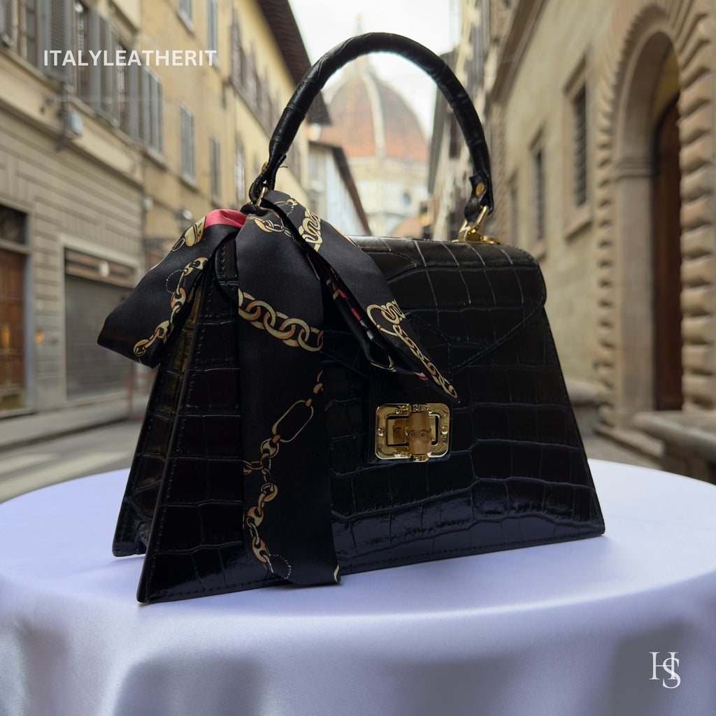 Italian Leather Tote Bag – Elegant Top Handle Purse with Scarf – Handmade in Florence