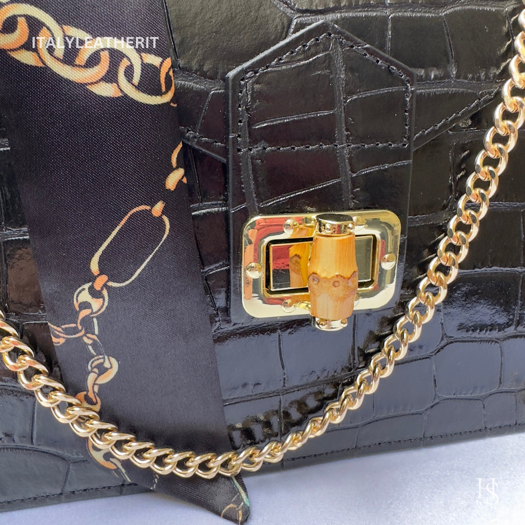 Italian Leather Tote Bag – Elegant Top Handle Purse with Scarf – Handmade in Florence