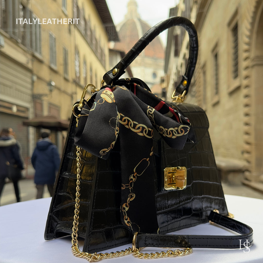 Italian Leather Tote Bag – Elegant Top Handle Purse with Scarf – Handmade in Florence