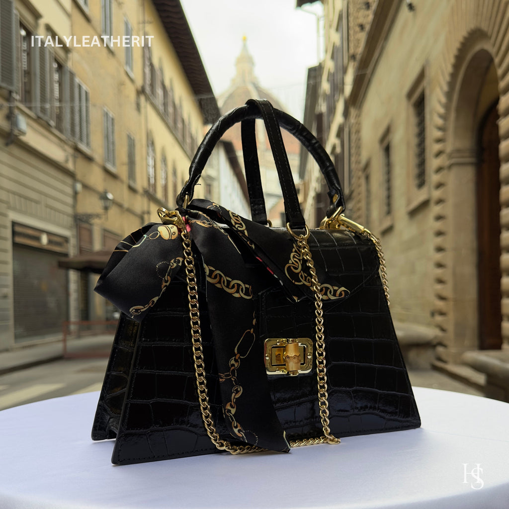 Italian Leather Tote Bag – Elegant Top Handle Purse with Scarf – Handmade in Florence