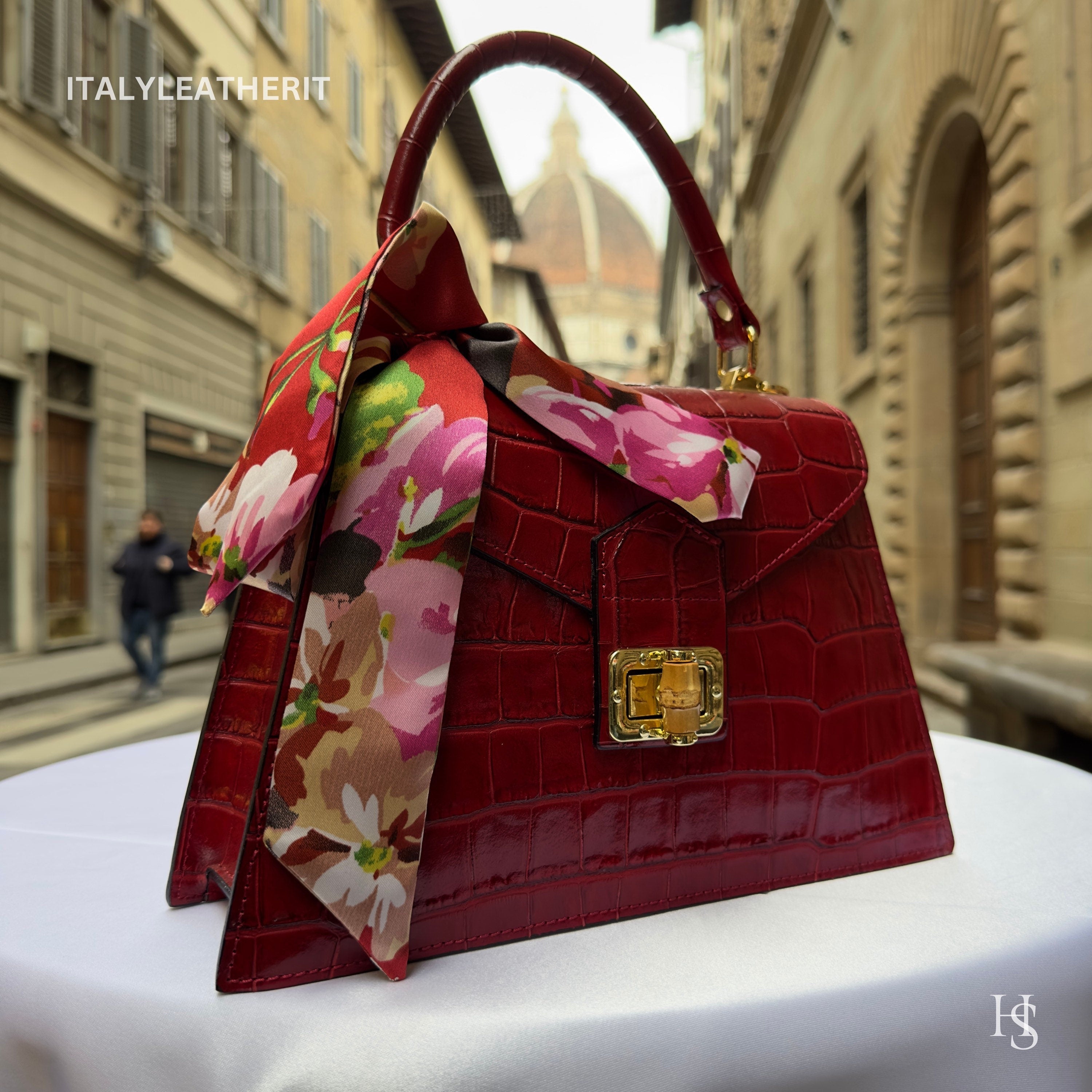 Dark Red Italian Leather Tote Bag – Elegant Top Handle Purse with Scarf – Handmade in Florence