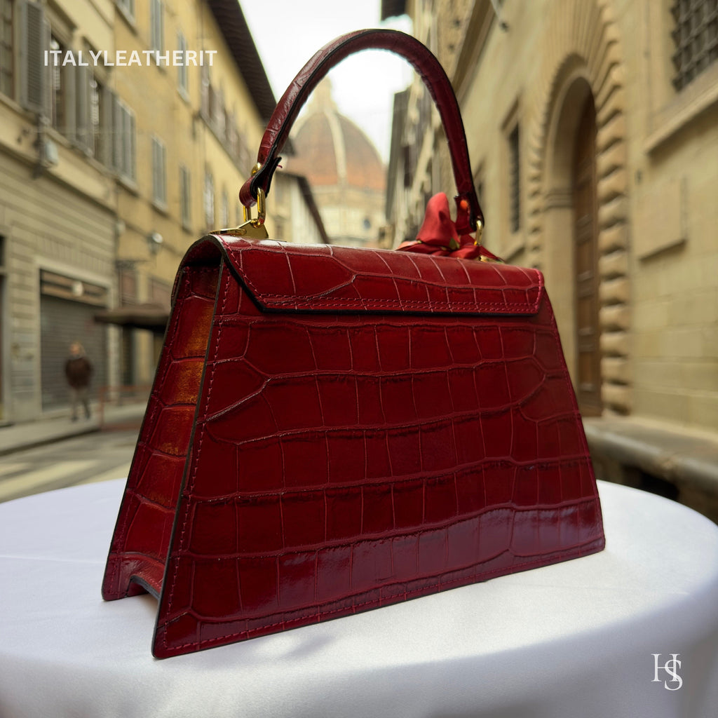 Dark Red Italian Leather Tote Bag – Elegant Top Handle Purse with Scarf – Handmade in Florence