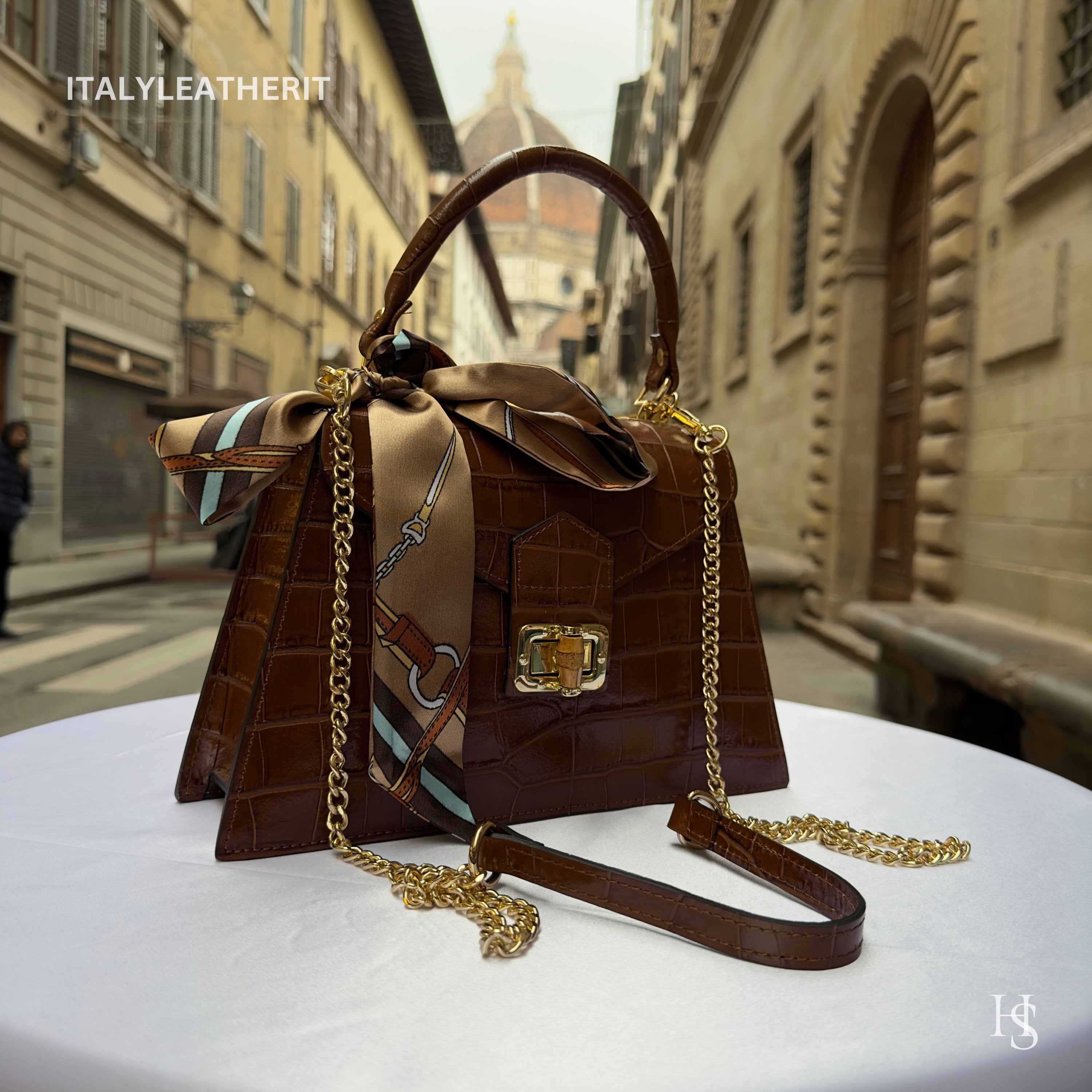 Brown Italian Leather Tote Bag – Elegant Top Handle Purse with Scarf