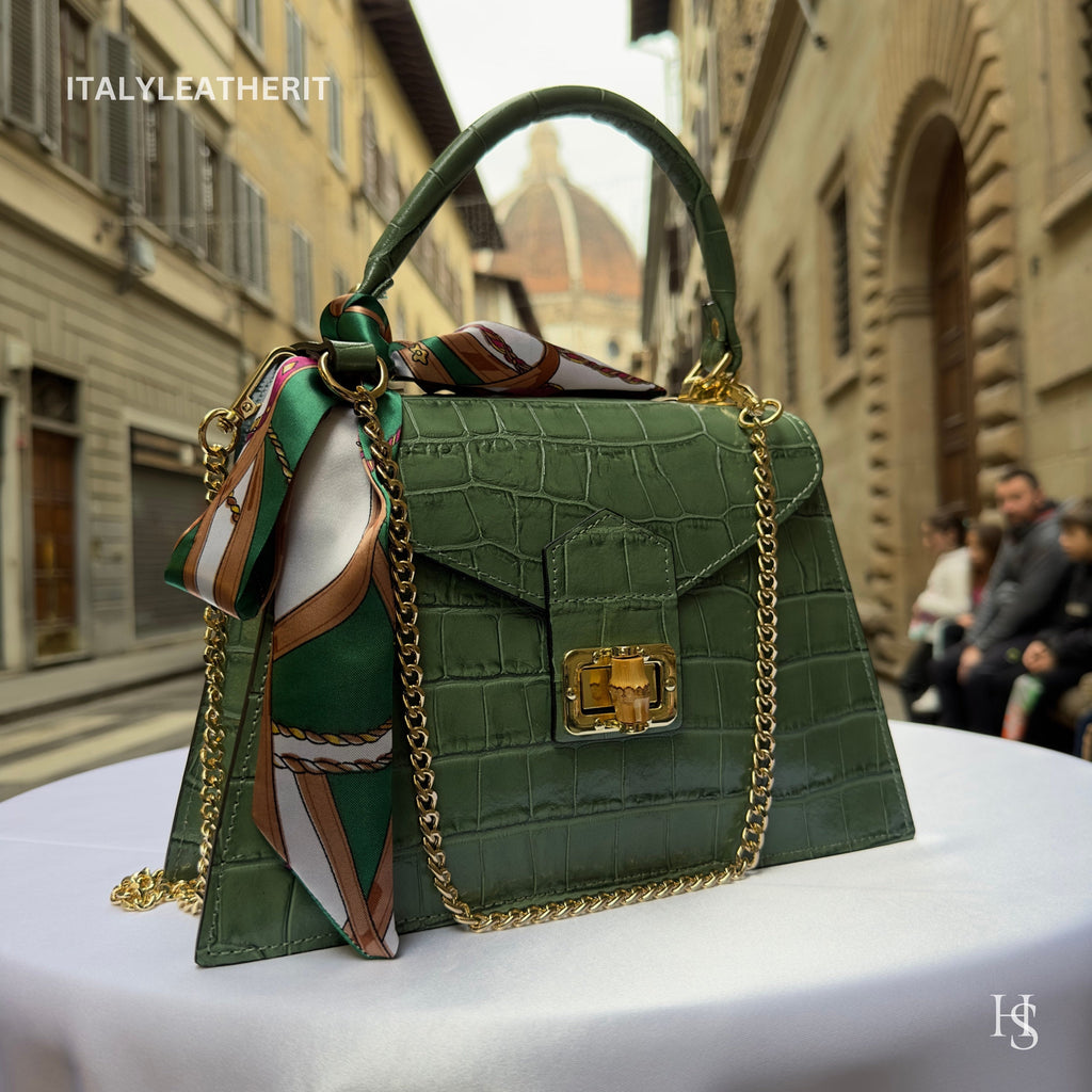 Handmade Italian Leather Tote Bag – Elegant Top Handle Purse with Scarf