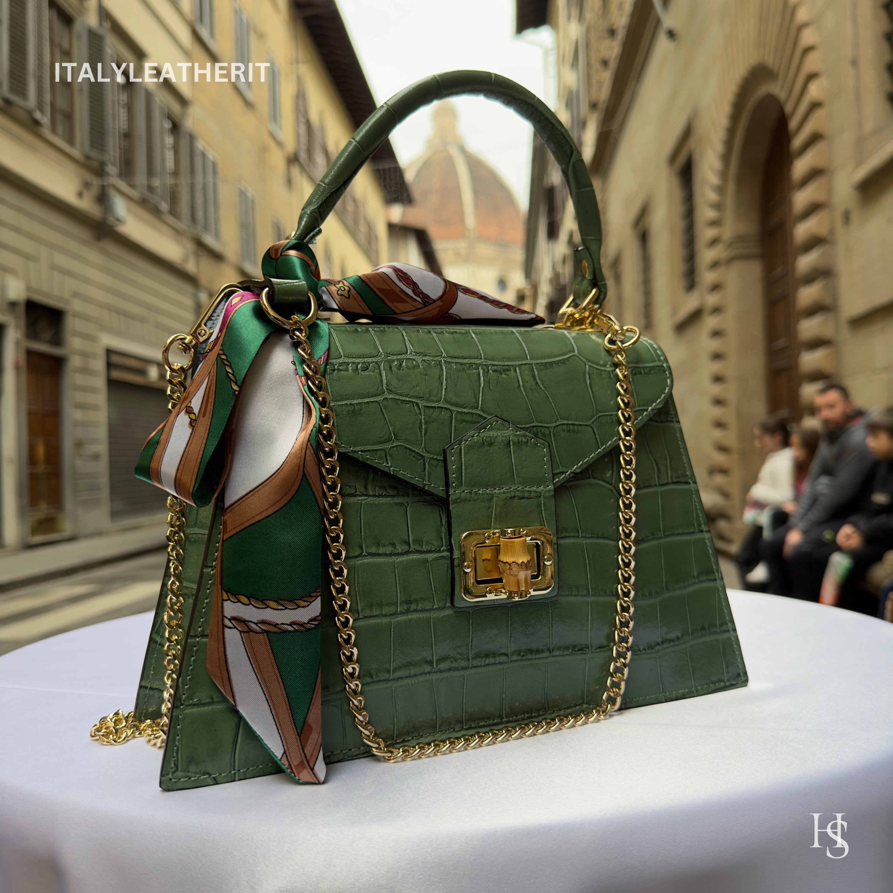 Handmade Italian Leather Tote Bag – Elegant Top Handle Purse with Scarf