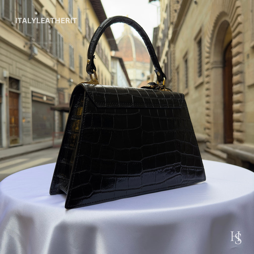 Italian Leather Tote Bag – Elegant Top Handle Purse with Scarf – Handmade in Florence