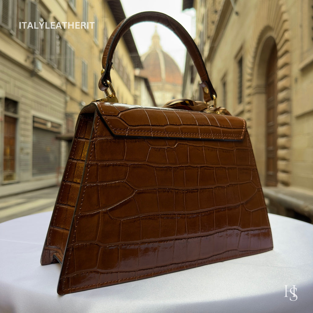 Brown Italian Leather Tote Bag – Elegant Top Handle Purse with Scarf