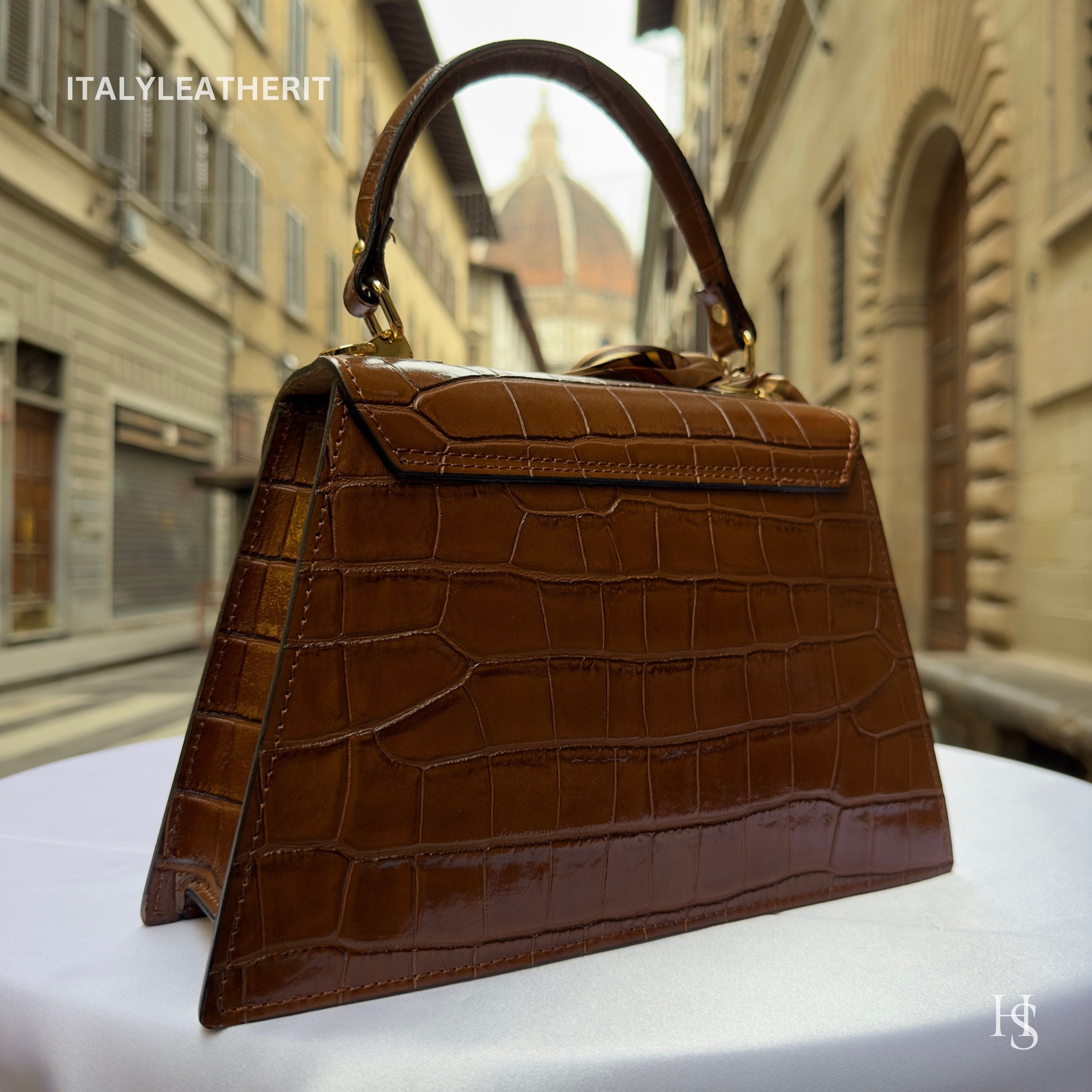 Brown Italian Leather Tote Bag – Elegant Top Handle Purse with Scarf