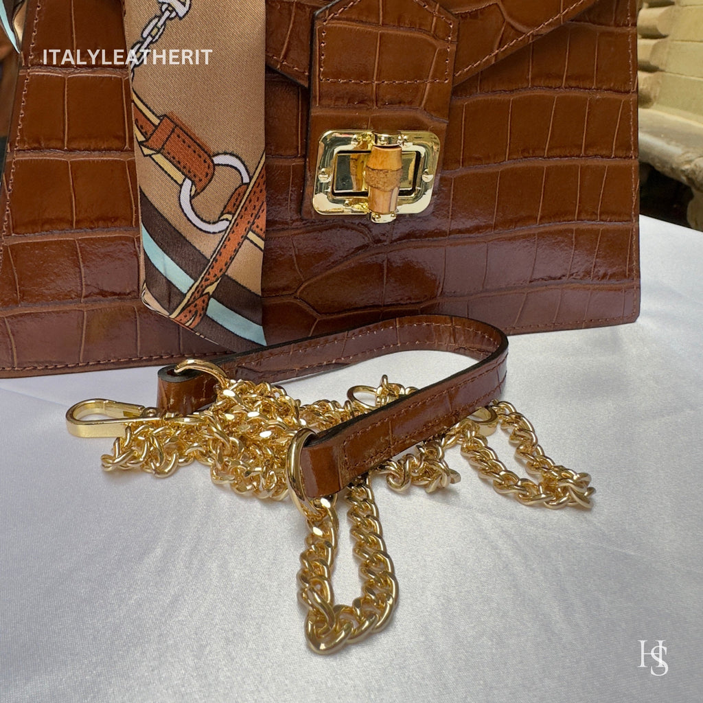 Brown Italian Leather Tote Bag – Elegant Top Handle Purse with Scarf