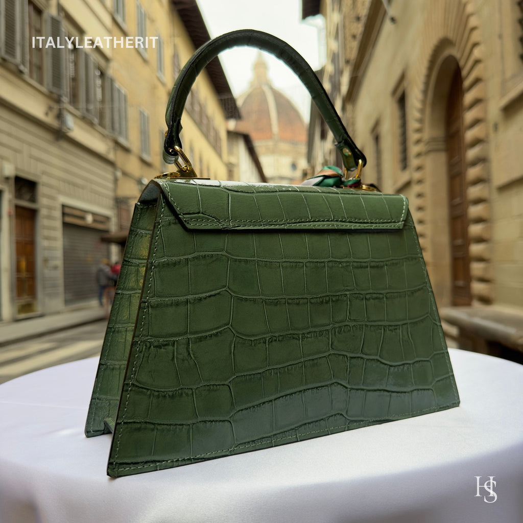 Handmade Italian Leather Tote Bag – Elegant Top Handle Purse with Scarf