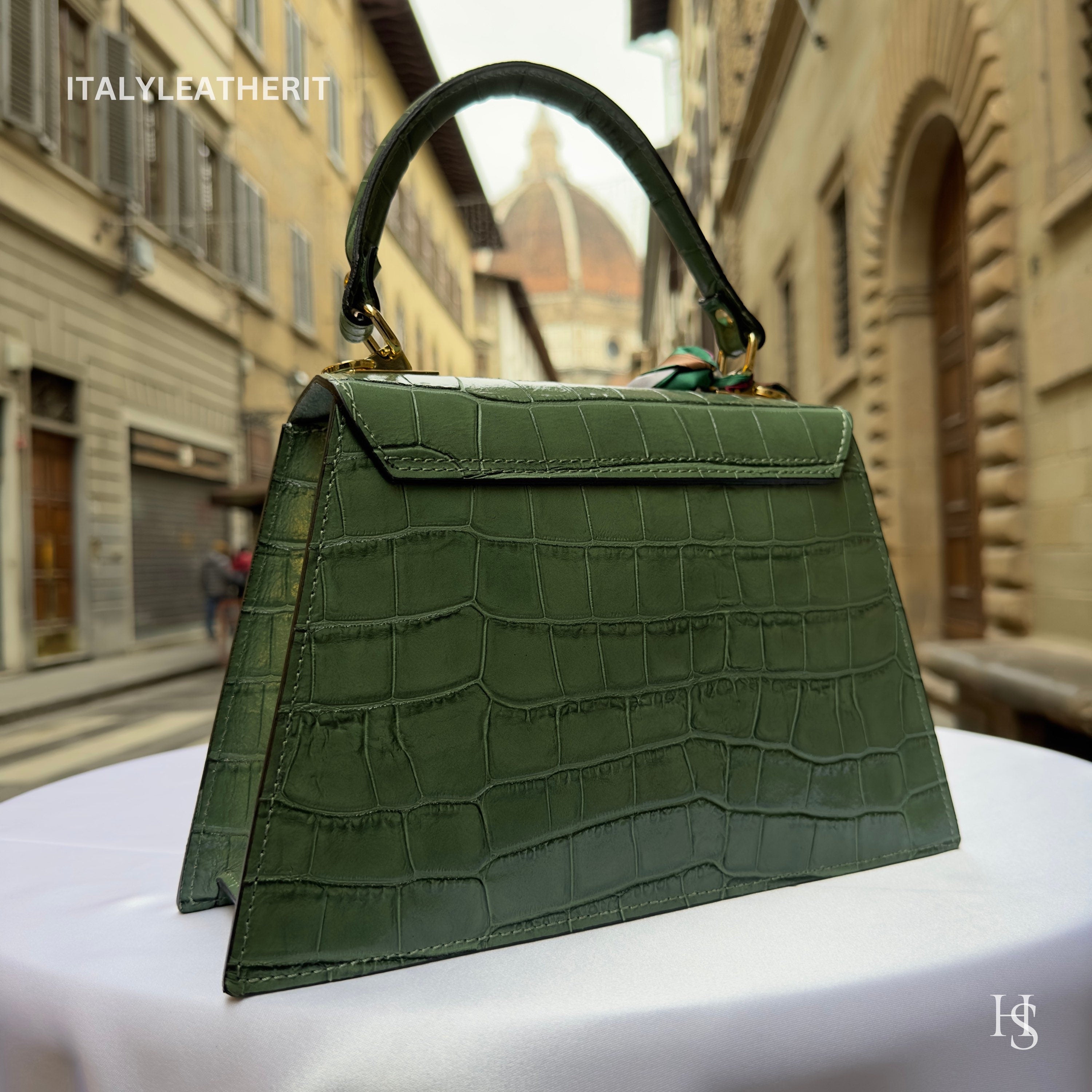 Handmade Italian Leather Tote Bag – Elegant Top Handle Purse with Scarf