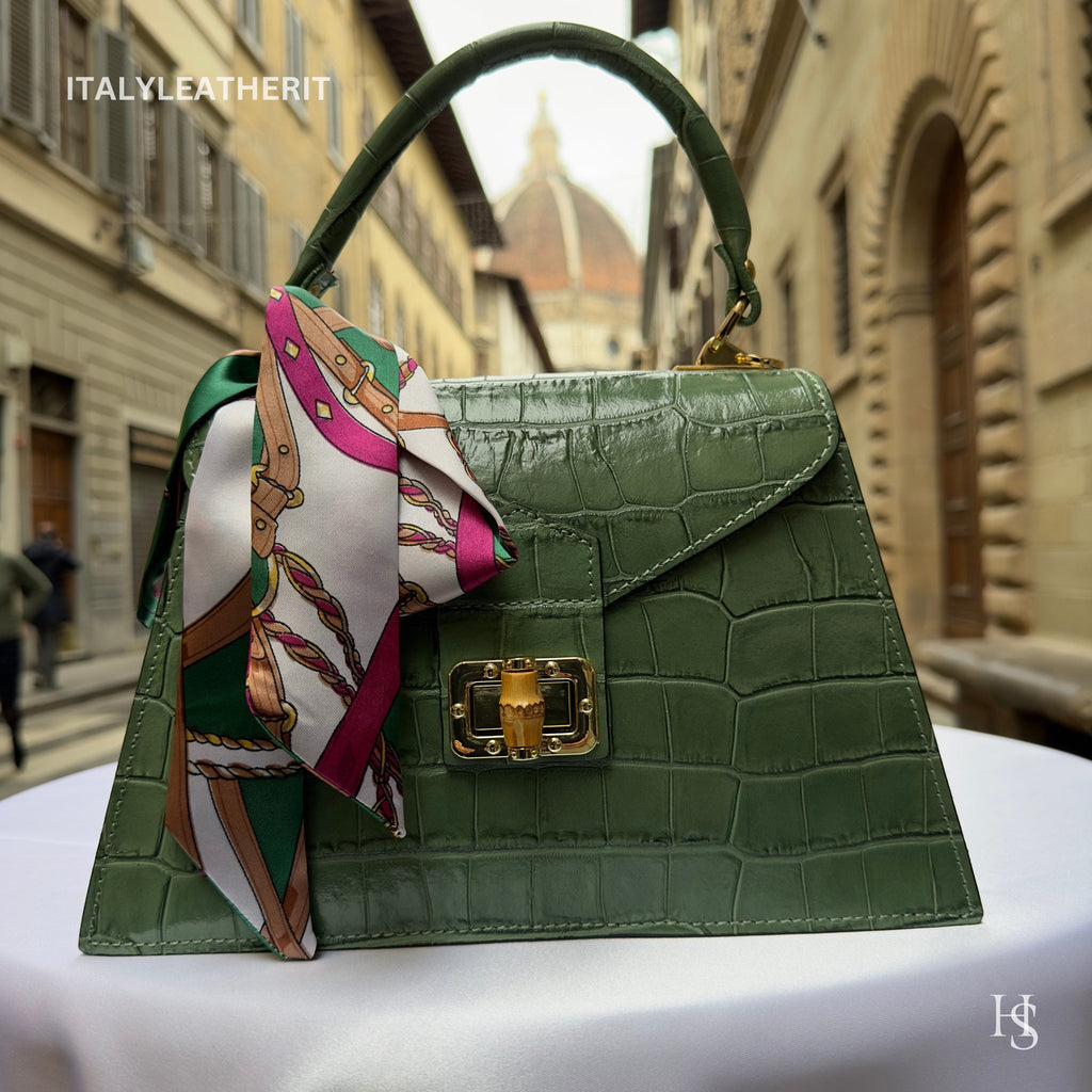Handmade Italian Leather Tote Bag – Elegant Top Handle Purse with Scarf