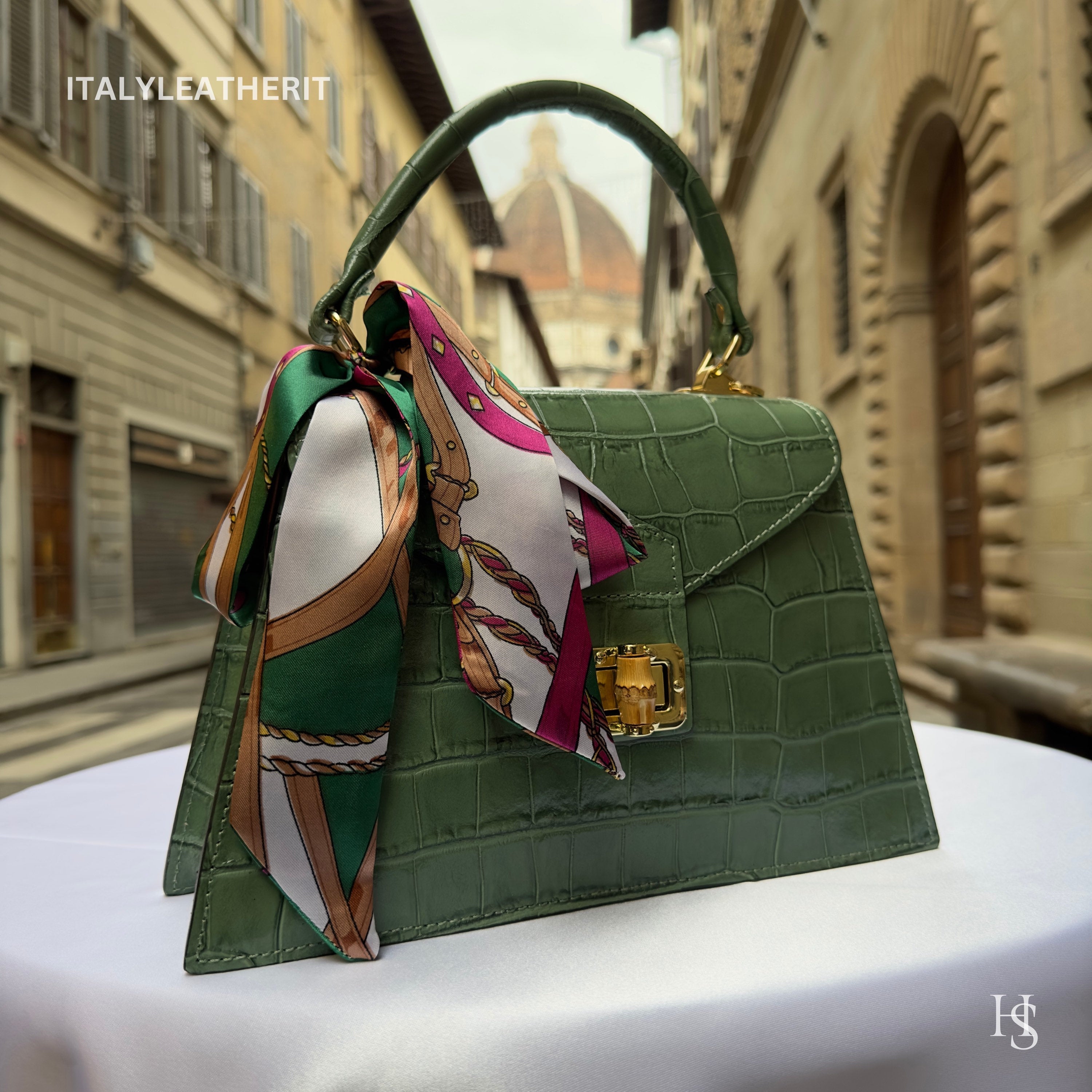 Handmade Italian Leather Tote Bag – Elegant Top Handle Purse with Scarf
