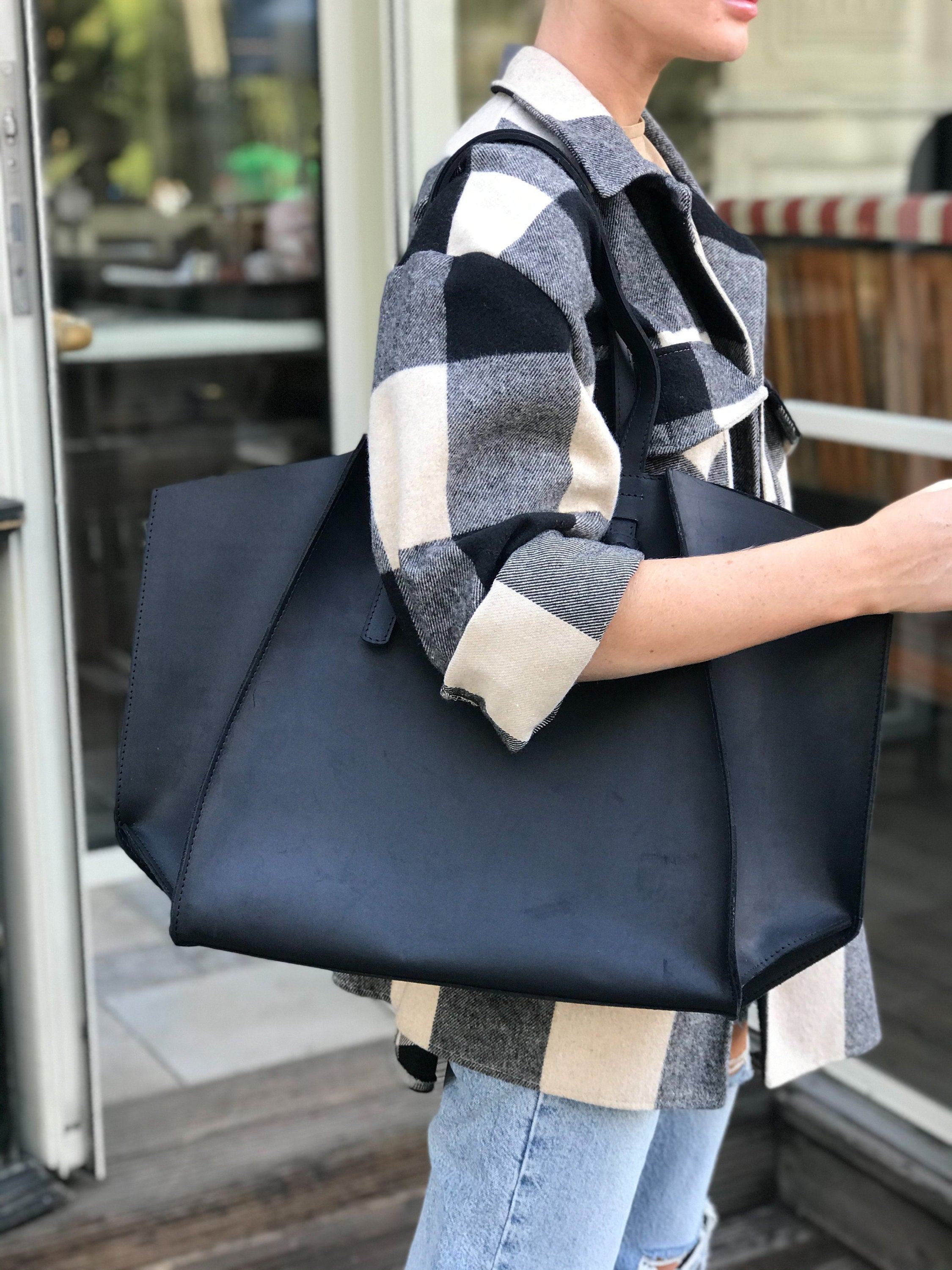 Black Leather Tote Bag: Distressed Calf, Large Work Bag